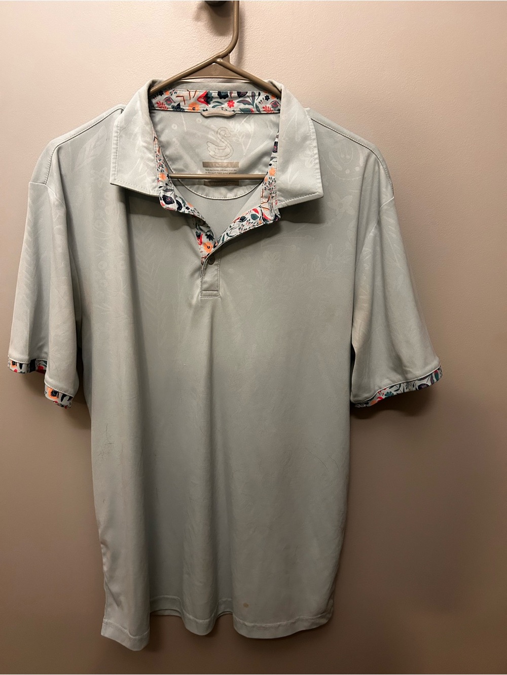 Men's Light Gray Polo with Floral-Trim Collar